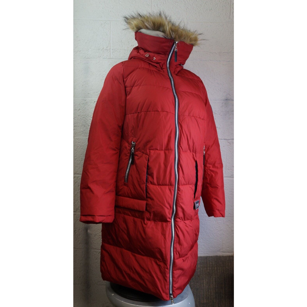 Astrid Red Long Winter Puffer Coat with Hood - Size 46